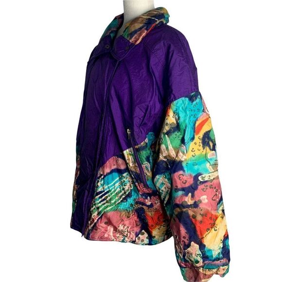 Vintage 80s Puffer Ski Jacket L Purple Bright Radical Coat - Picture 6 of 7